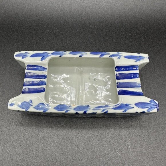 Vintage Pier 1 Imports Blue White Ceramic Catchall Tray 6" Floral Stripe Planter - Picture 2 of 7